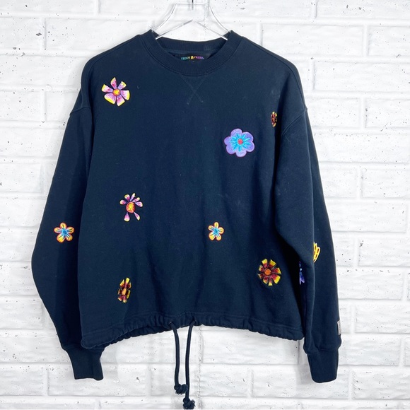 Teddy Fresh Tops - TEDDY FRESH  Black Crewneck Fleece Sweatshirt with embroidered flowers